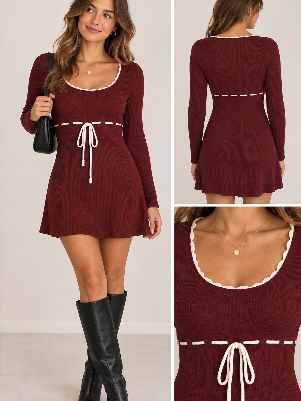 All in Favor Burgundy Ribbed Knit Mini Dress XS NWT Cottagecore Coquette